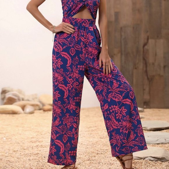 Blue Boho Womens Floral Print Twist Front Cut Out Tie Backless Halter Jumpsuit - Picture 5 of 5